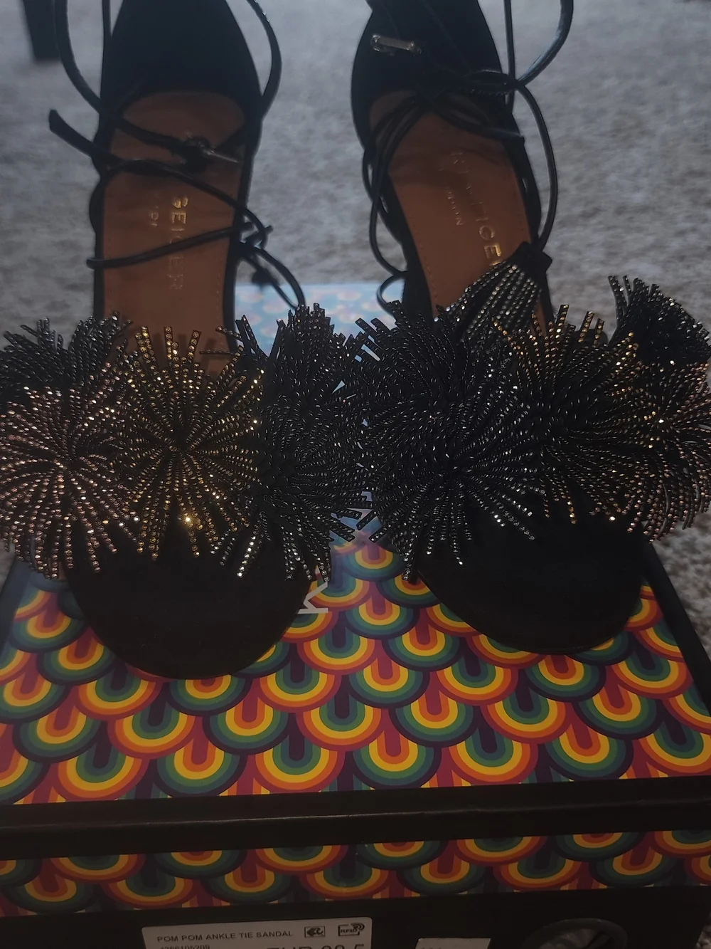 Kurt Geiger Black Pom-Pom Embellished Lace-Up Heels - Picture 5 of 11